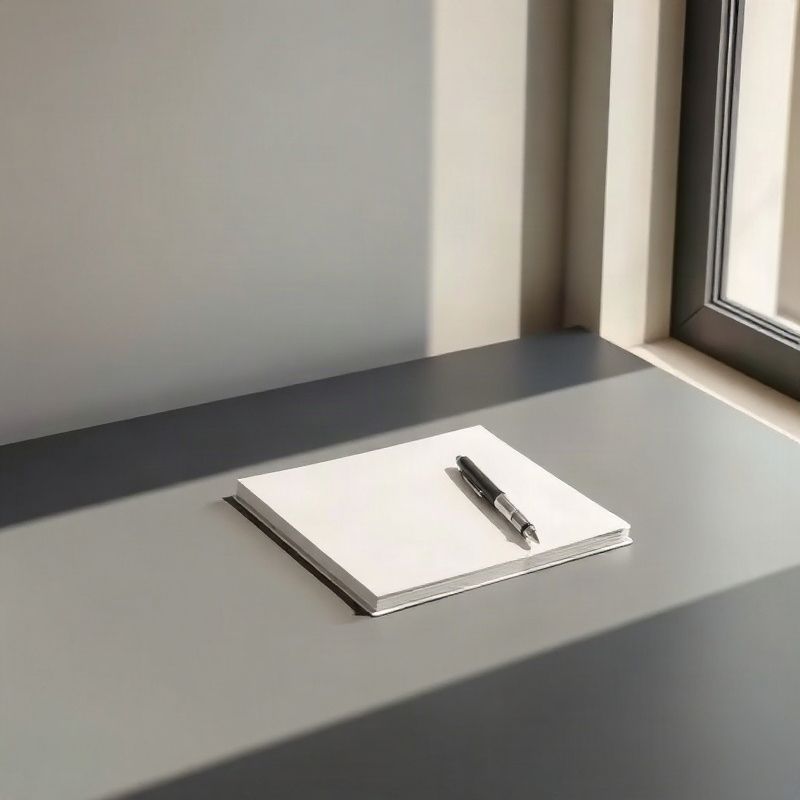 A closed notebook and pen on a slate-toned desk