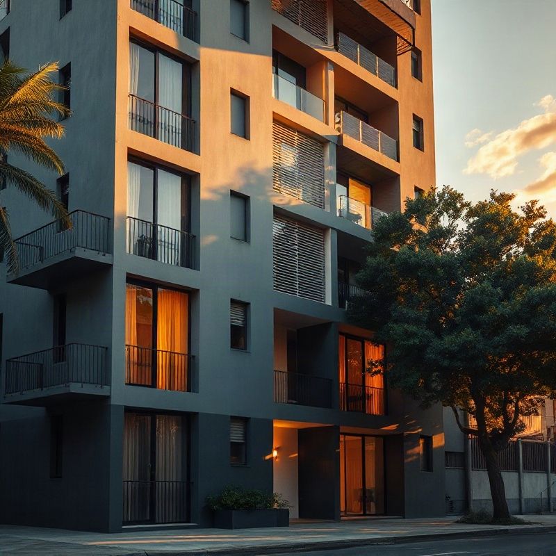 Modernist Curitiba apartment building facade at golden hour